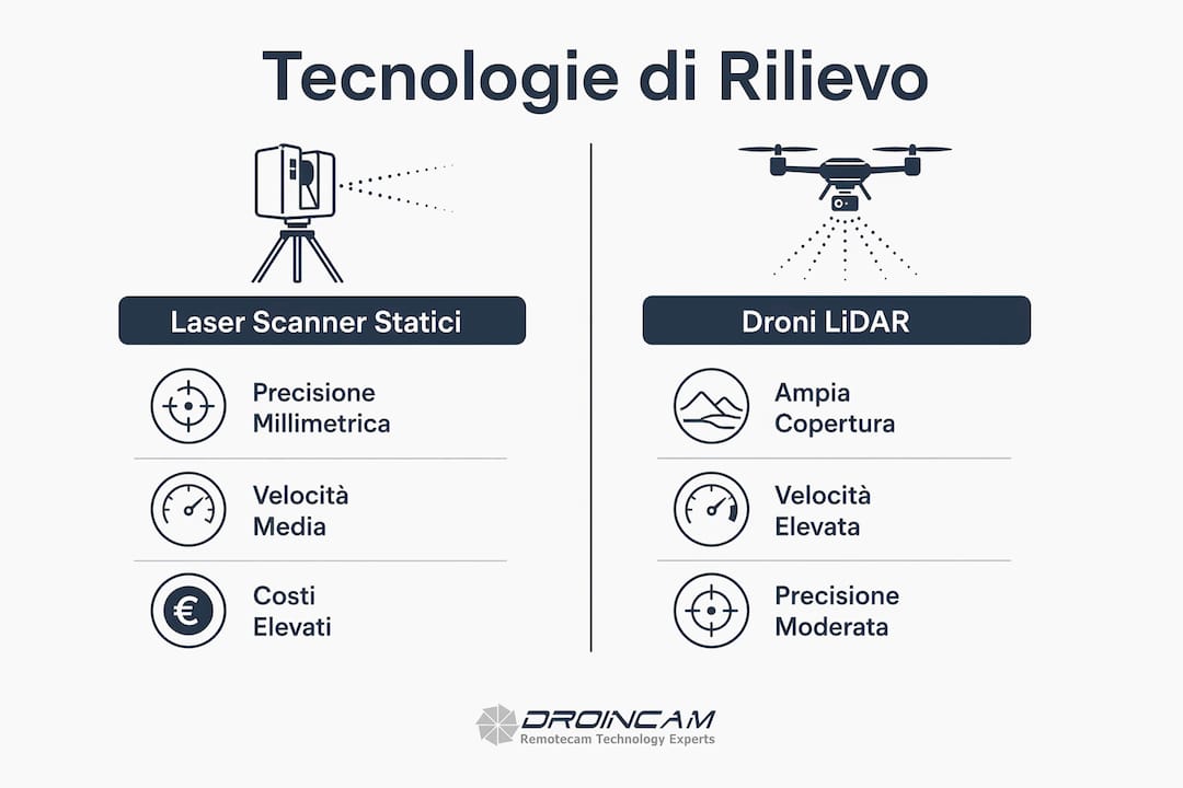 Infografica: confronto pratico tra laser scanner terrestri e droni con tecnologia LiDAR per il rilievo