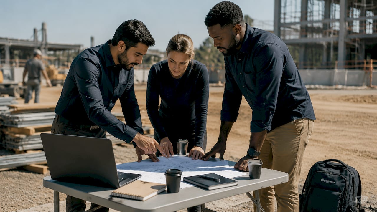 Il gruppo tecnico si confronta sul programma di lavoro nella sala riunioni del cantiere.