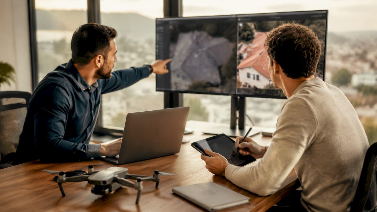 Gli operatori seguono le ispezioni dei tetti direttamente dai monitor