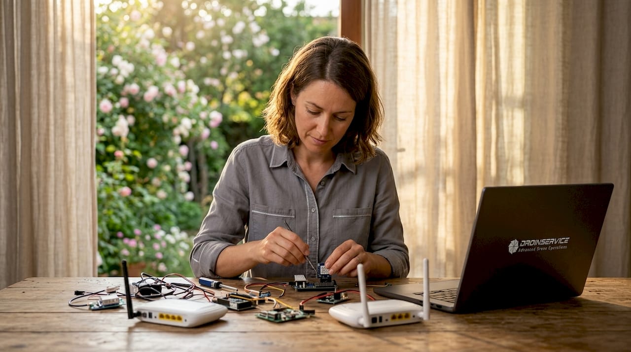 Un ingegnere al lavoro mentre installa una rete di sensori wireless