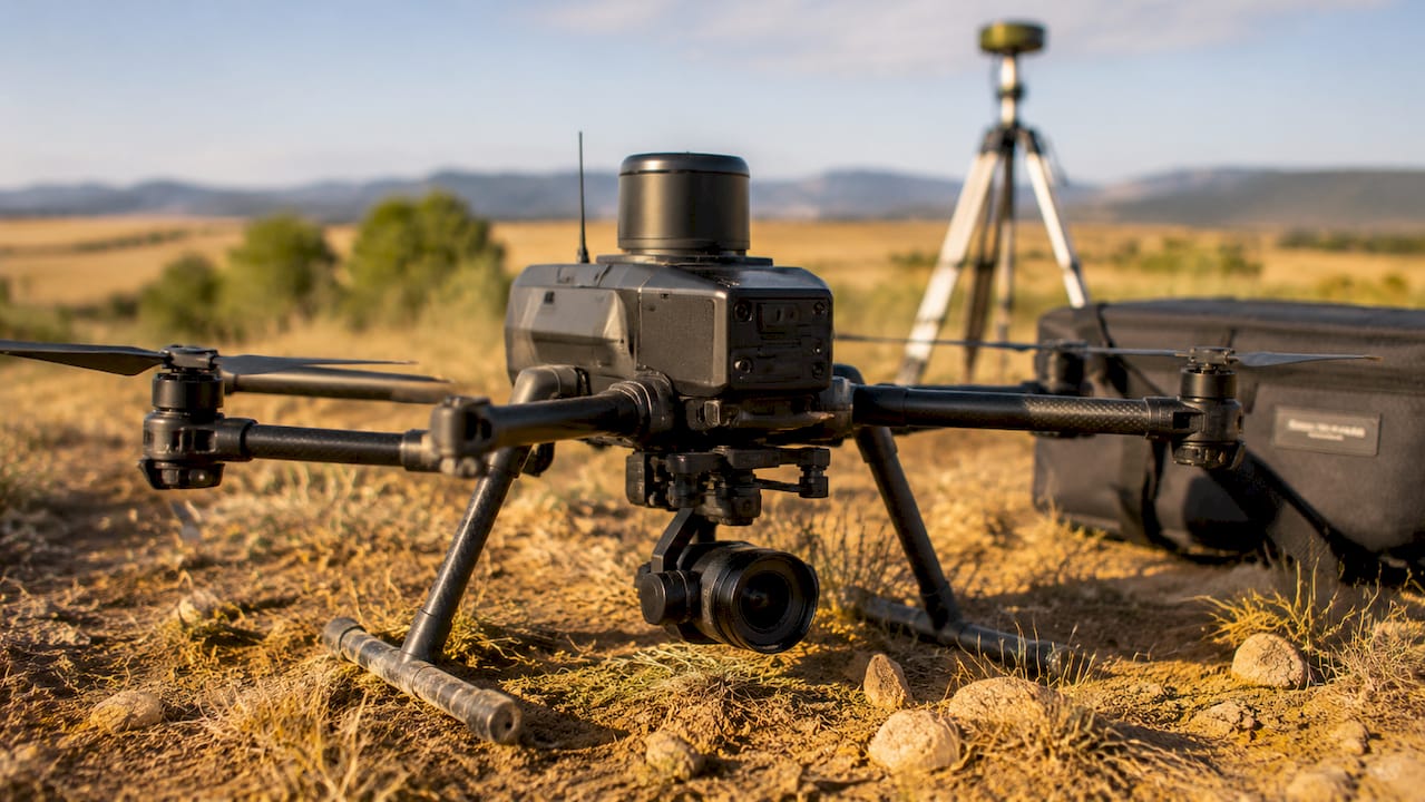 Drone equipaggiato con sensori avanzati per effettuare rilievi topografici a livello del suolo