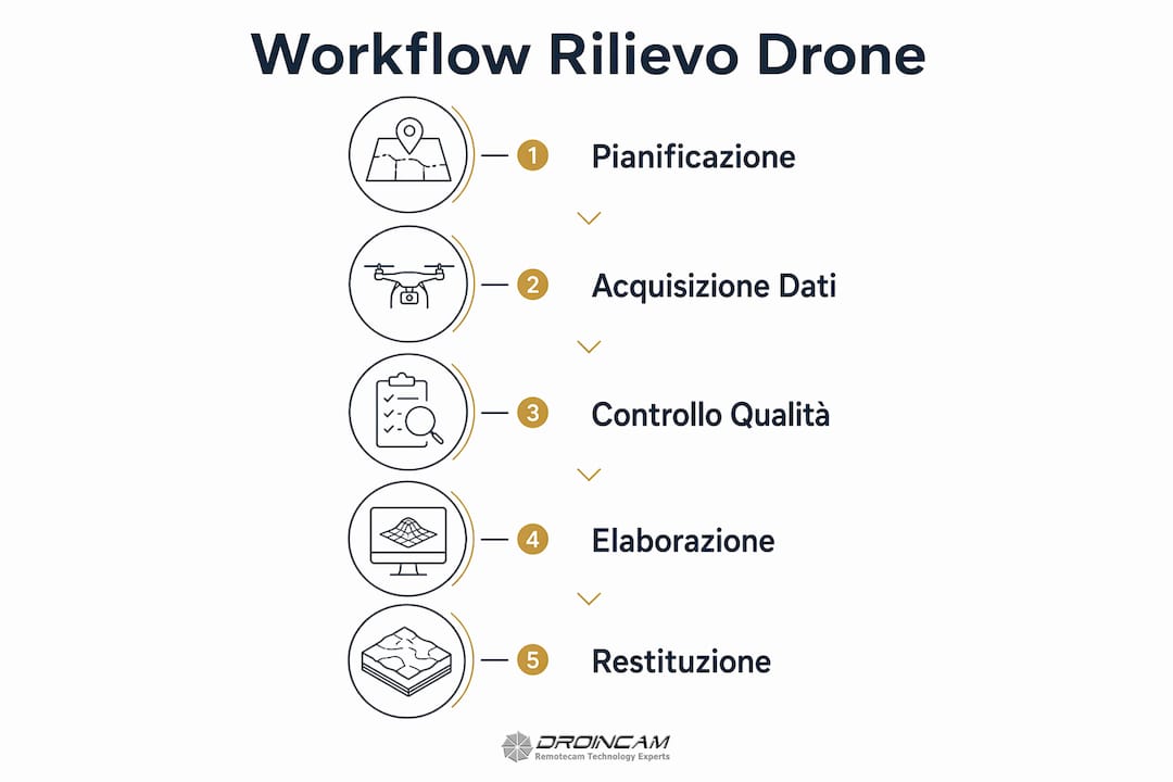 Infografica che illustra le principali fasi operative del rilievo topografico eseguito con drone