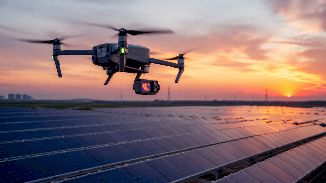 Un drone dotato di termocamera effettua il controllo dei pannelli fotovoltaici, rilevando eventuali anomalie o malfunzionamenti attraverso l’analisi delle immagini termiche.