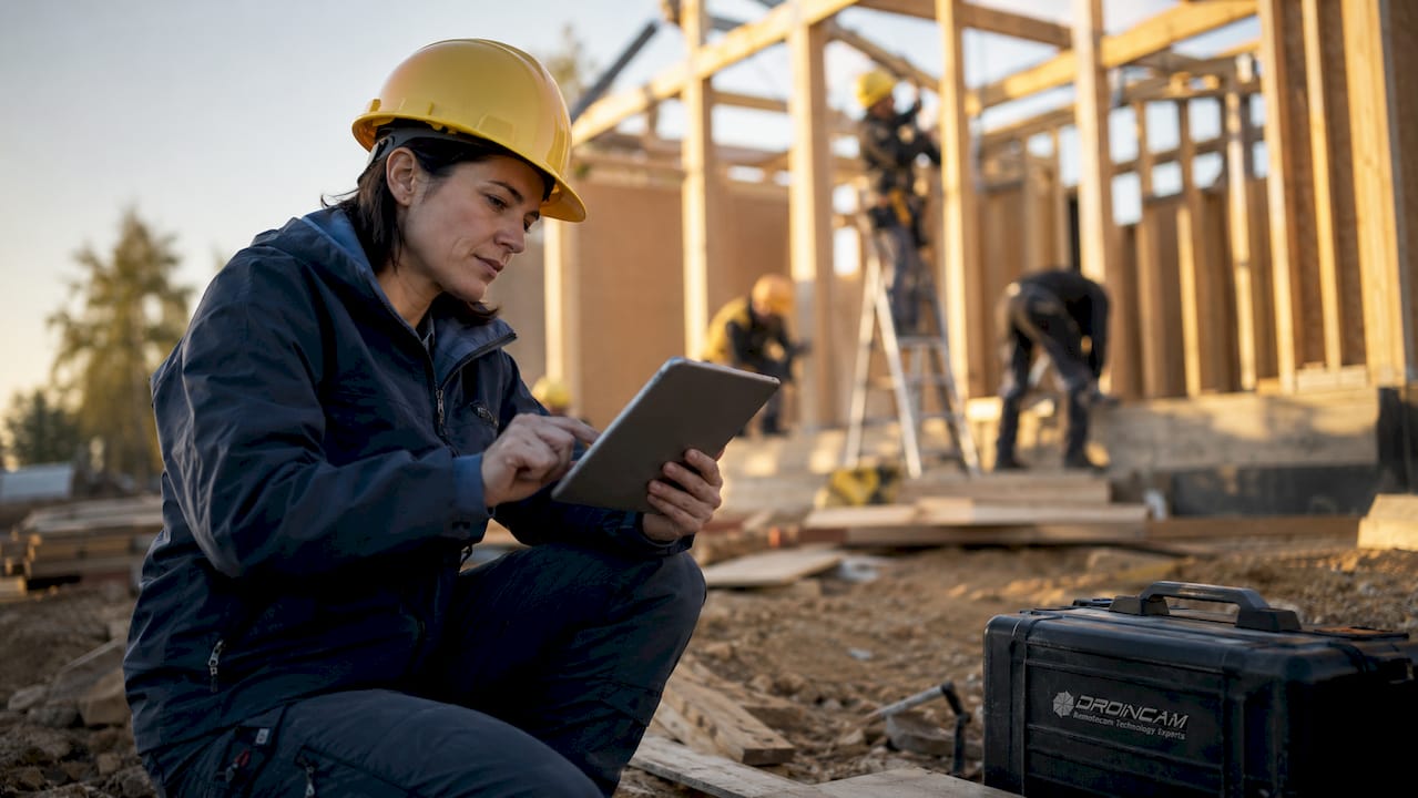 L’ingegnere in cantiere controlla l’avanzamento dei lavori direttamente dal tablet, monitorando ogni fase del progetto.