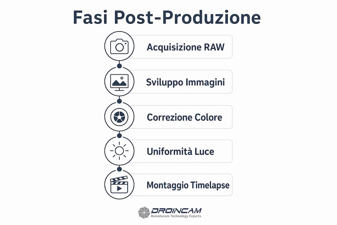Infografica che illustra le principali fasi del processo di post-produzione fotografica