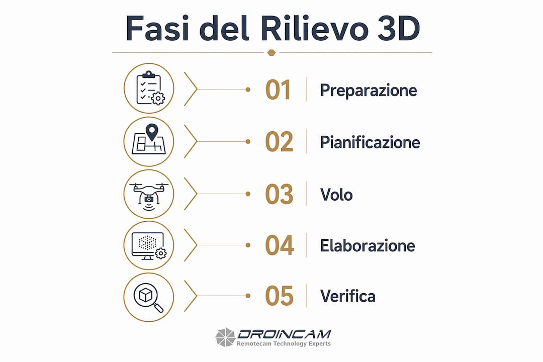 Infografica che illustra le principali fasi del rilievo tridimensionale tramite drone