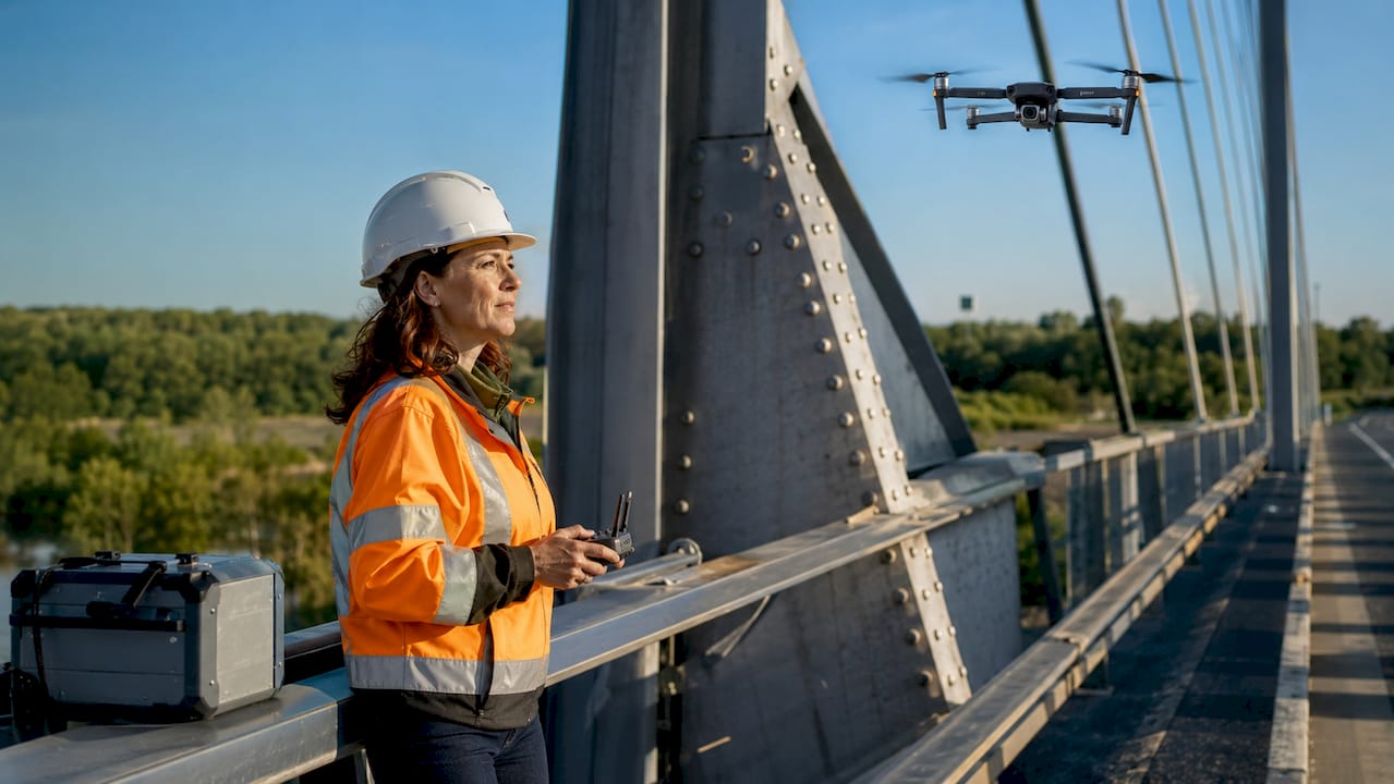 Un ingegnere osserva un drone mentre esegue il controllo della struttura di un ponte.