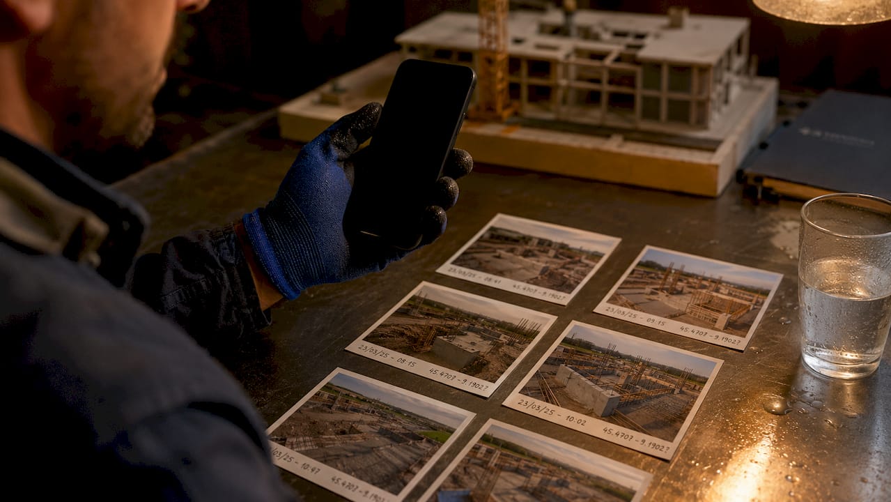 Mani guantate e foto arricchite da dettagli visivi e informazioni aggiuntive
