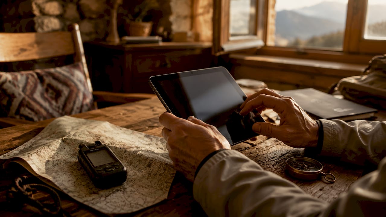 Mani che utilizzano un tablet e strumenti per la pianificazione di un volo all’aperto.