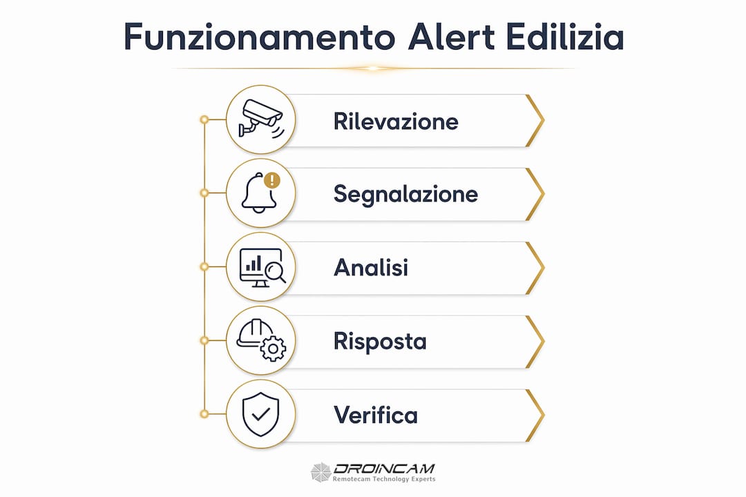 Infografica che illustra le diverse fasi del sistema di allerta in ambito edilizio