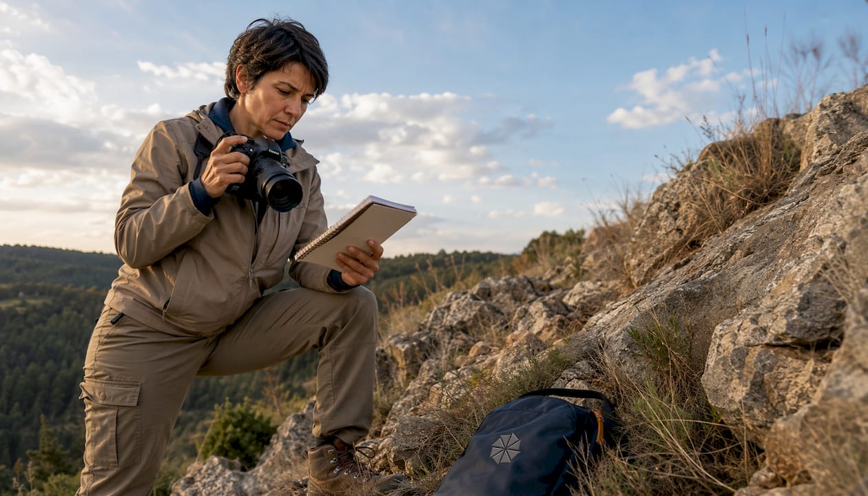 Un ingegnere documenta con fotografie gli ostacoli presenti sul terreno durante il sopralluogo.