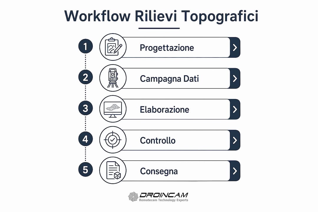 Infografica che illustra, passo dopo passo, le diverse fasi del processo topografico