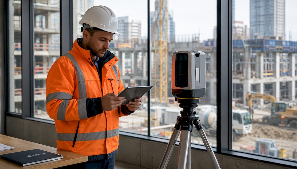 Un tecnico sta eseguendo rilievi in cantiere con un laser scanner