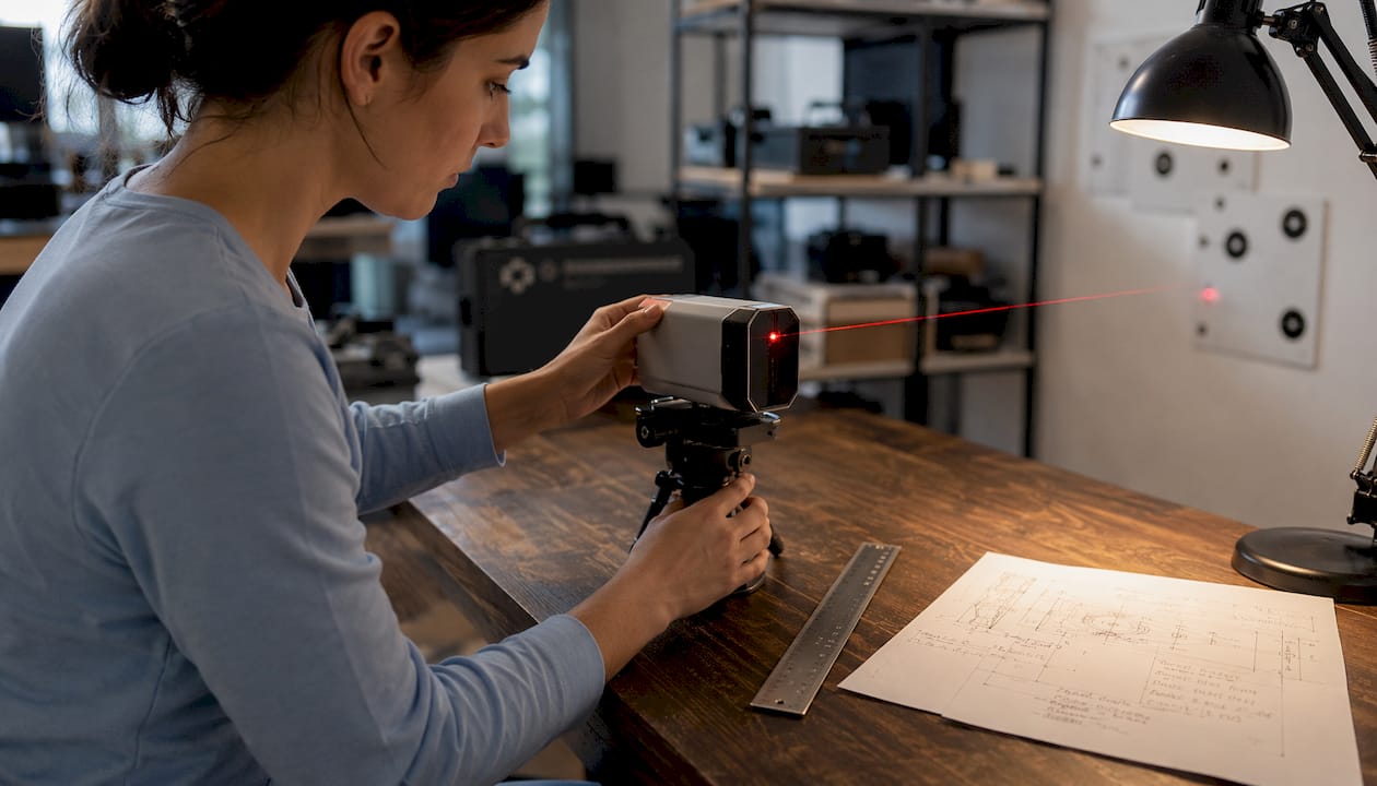 Un ingegnere sta regolando manualmente un sensore LiDAR, assicurandosi che sia perfettamente calibrato.