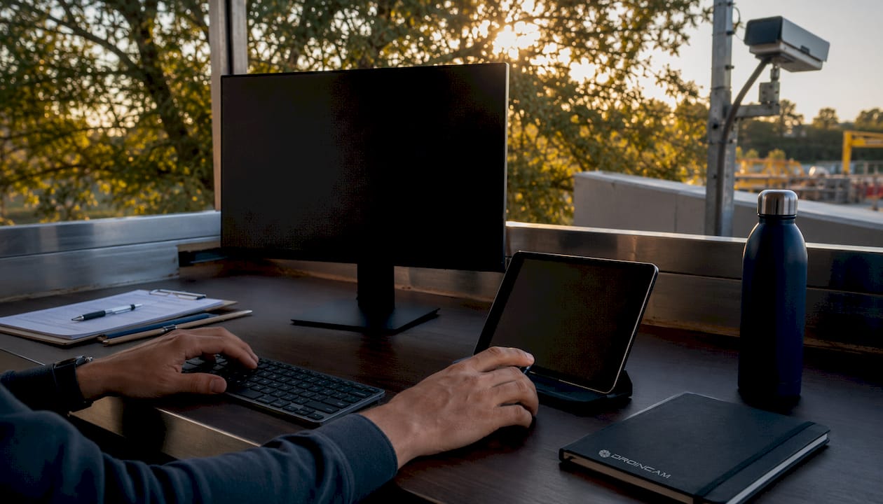 Operatori al lavoro con tecnologie avanzate per il monitoraggio dei cantieri