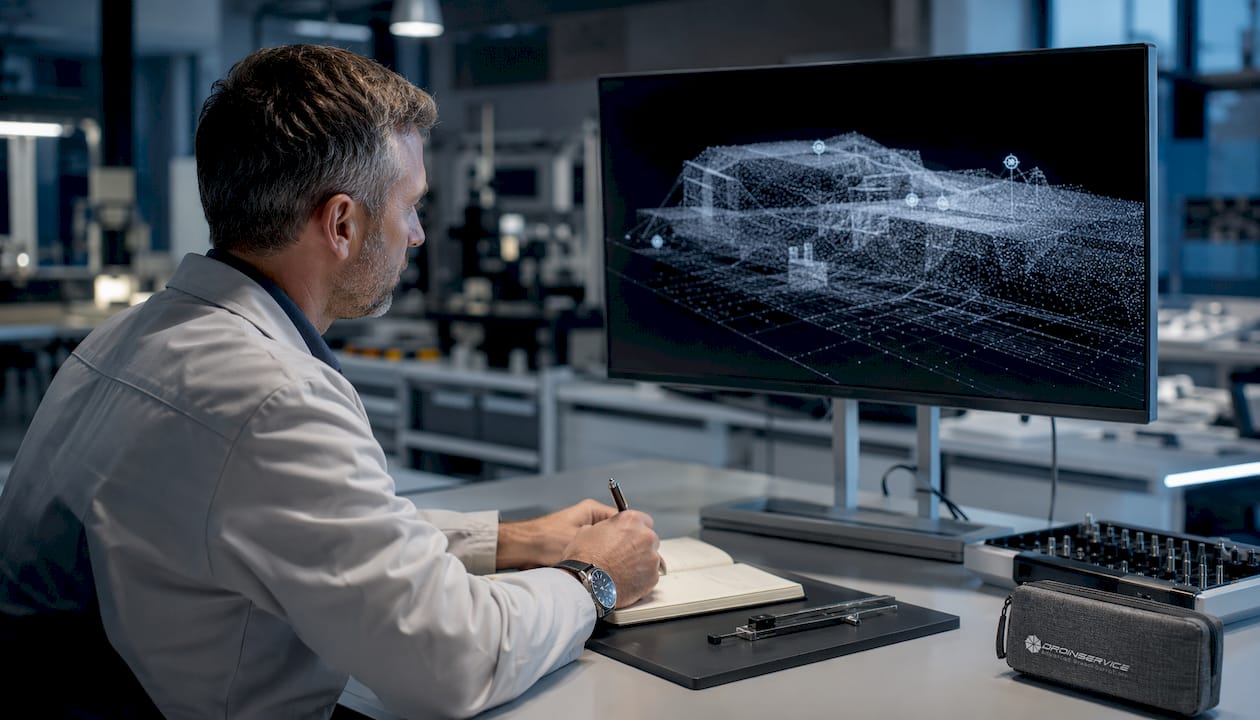 Mani che illustrano la documentazione tecnica di un rilievo 3D