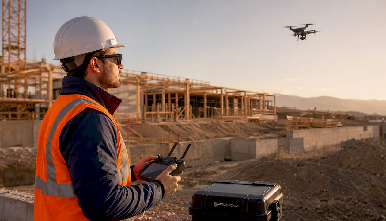 Tecnico edile impegnato nel controllo del cantiere con un drone
