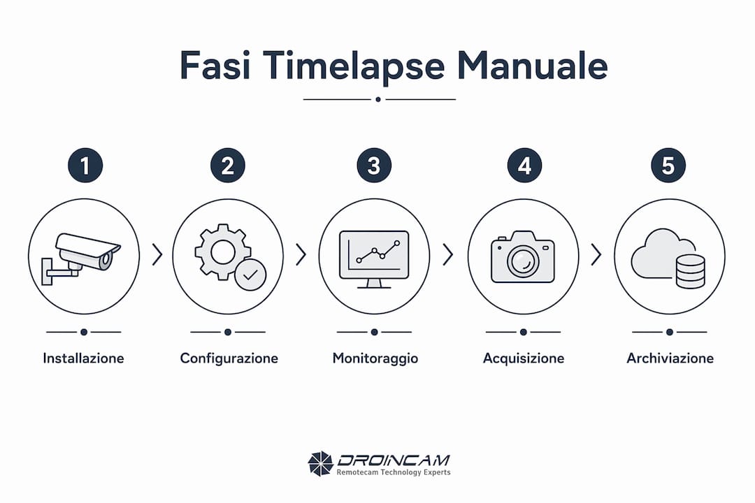 Infografiche che illustrano, passo dopo passo, come realizzare manualmente un timelapse a partire da clip video