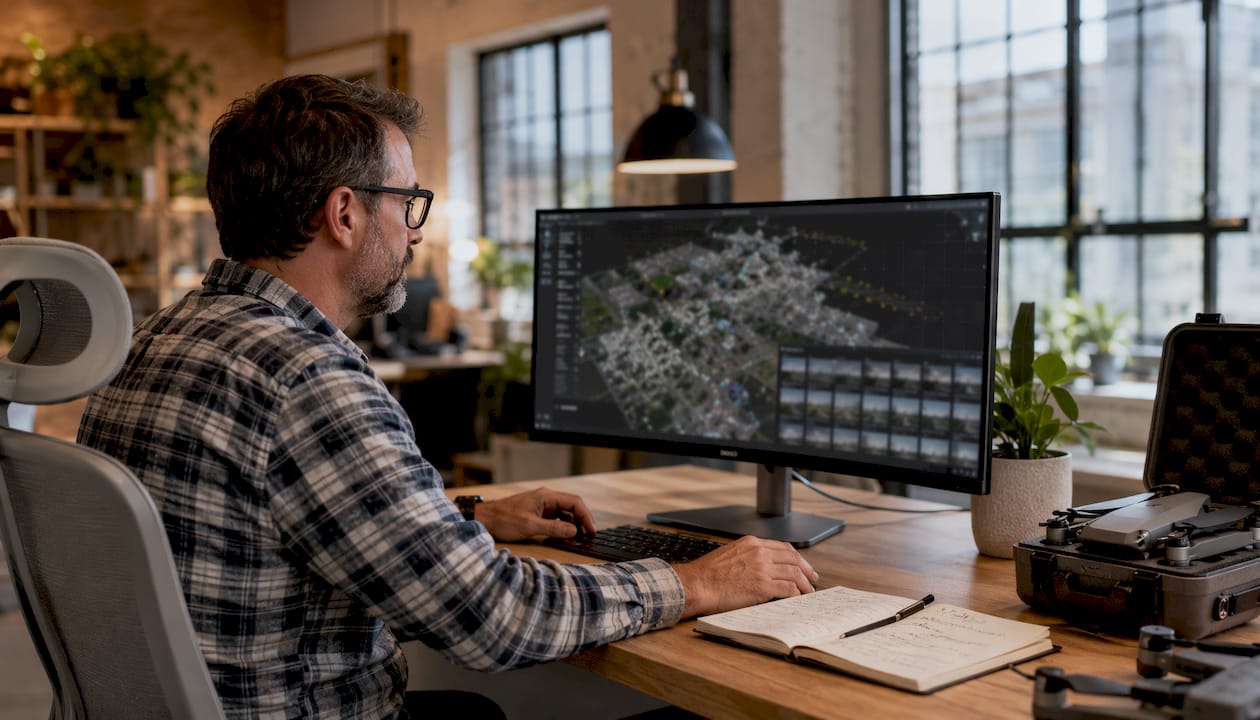 Tecnico al lavoro sul software di allineamento immagini per la fotogrammetria