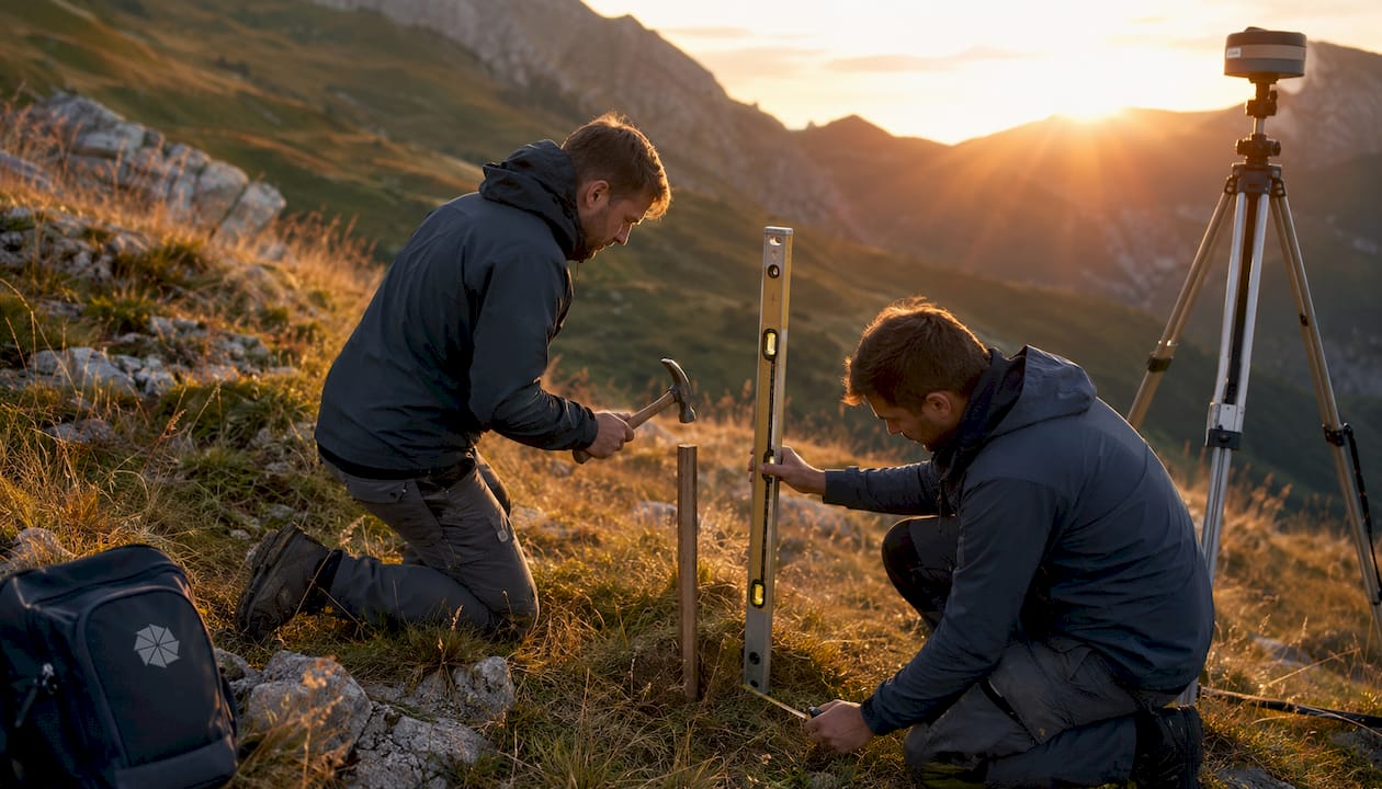 Tecnici al lavoro mentre posizionano i picchetti di riferimento per il rilievo sul terreno