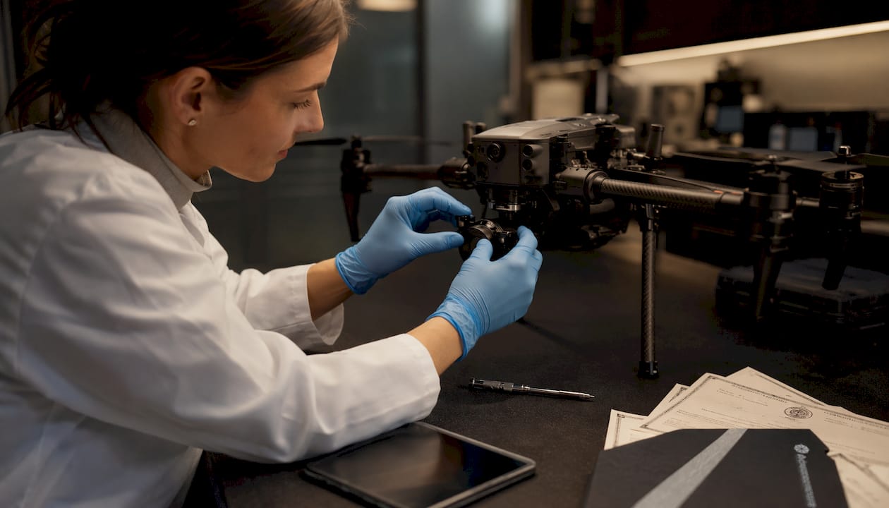 Un ingegnere alle prese con la taratura di un sensore termico all’interno di un laboratorio specializzato in droni.