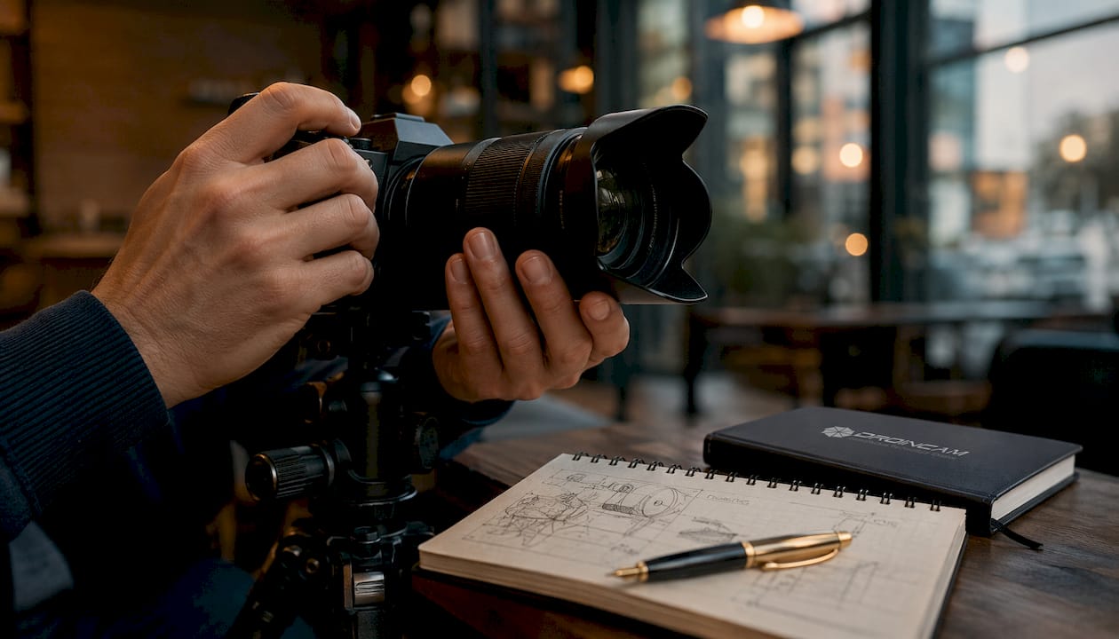 Dettaglio delle mani che impugnano una macchina fotografica professionale