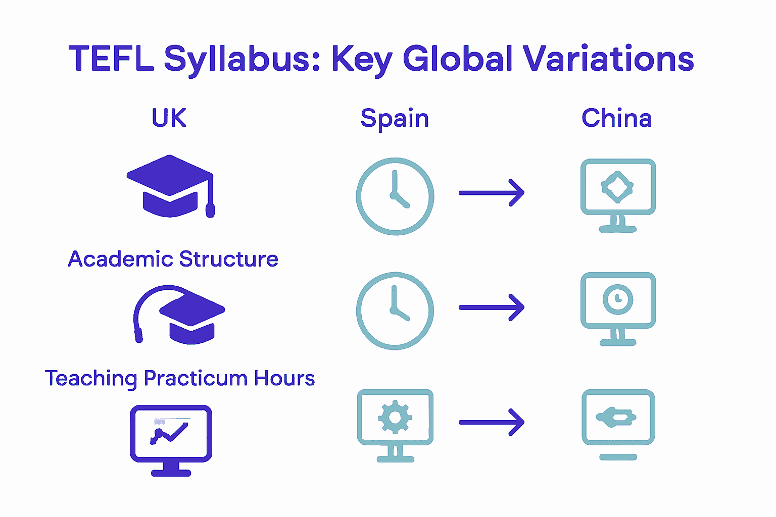 Infographic comparing TEFL syllabus variations in regions like UK, Spain, and China