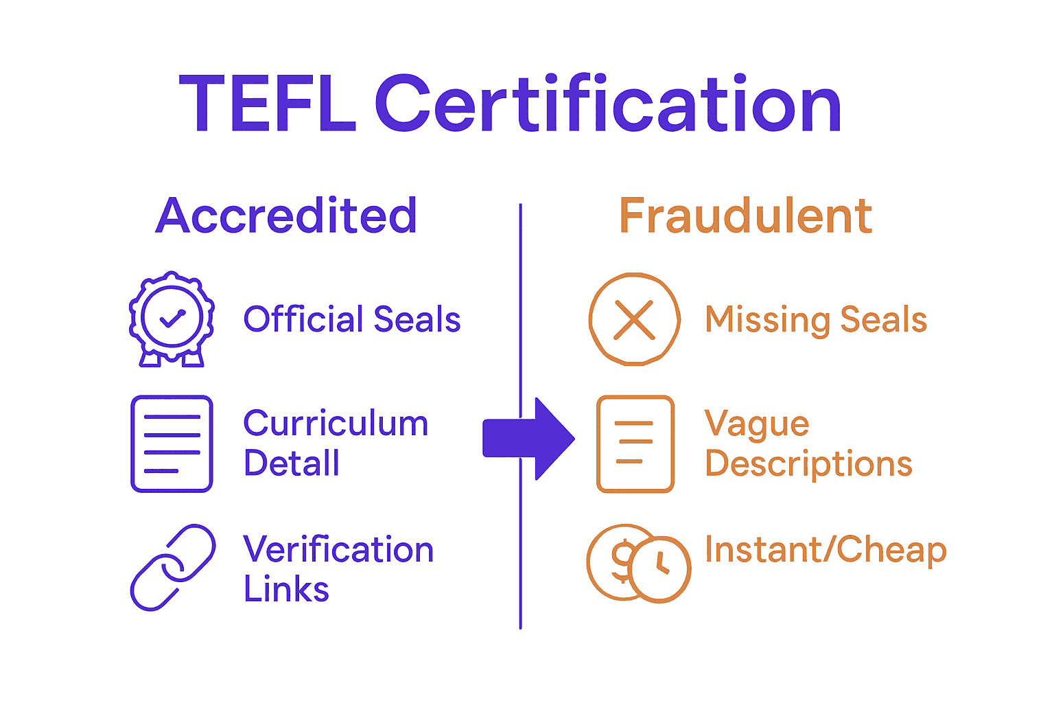 Infographic comparing accredited vs. fraudulent TEFL certification features