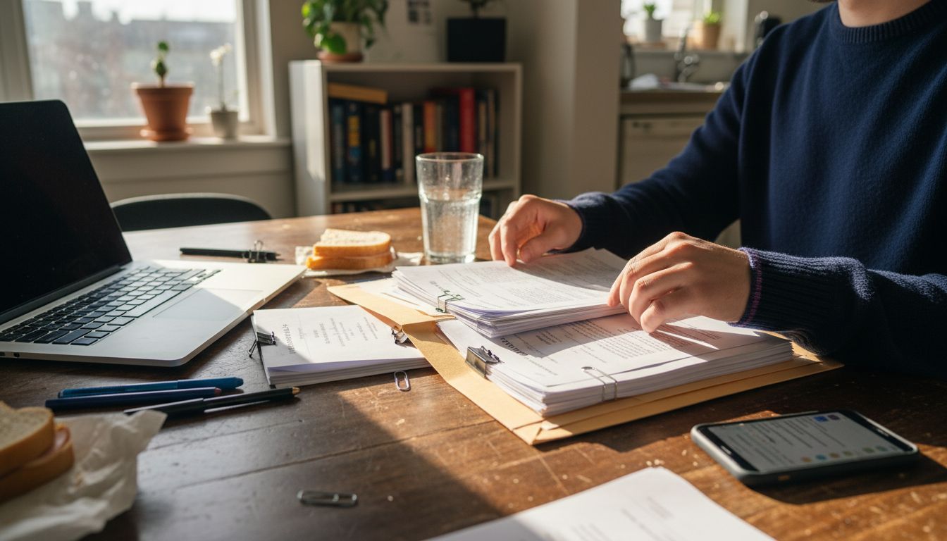Graduate organizing teaching credentials at table