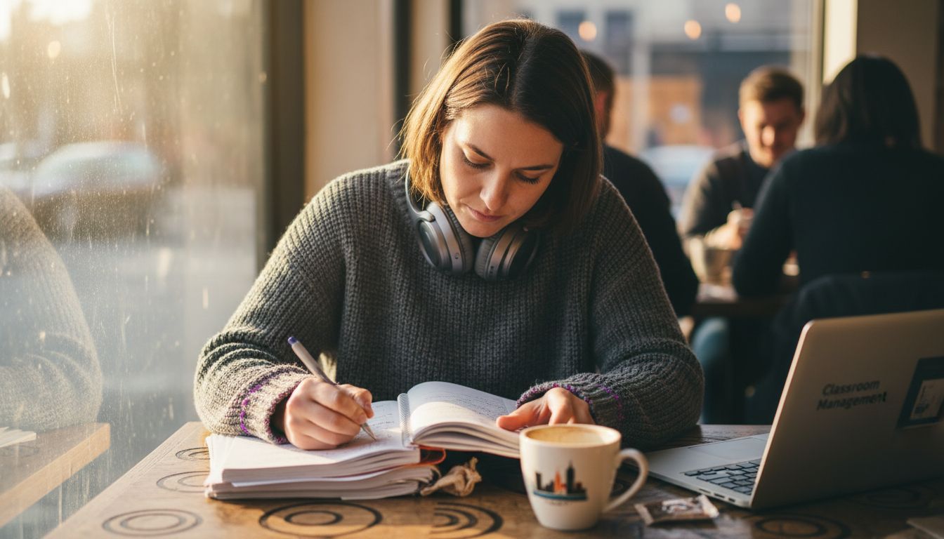 Graduate reviewing TEFL course notes in café
