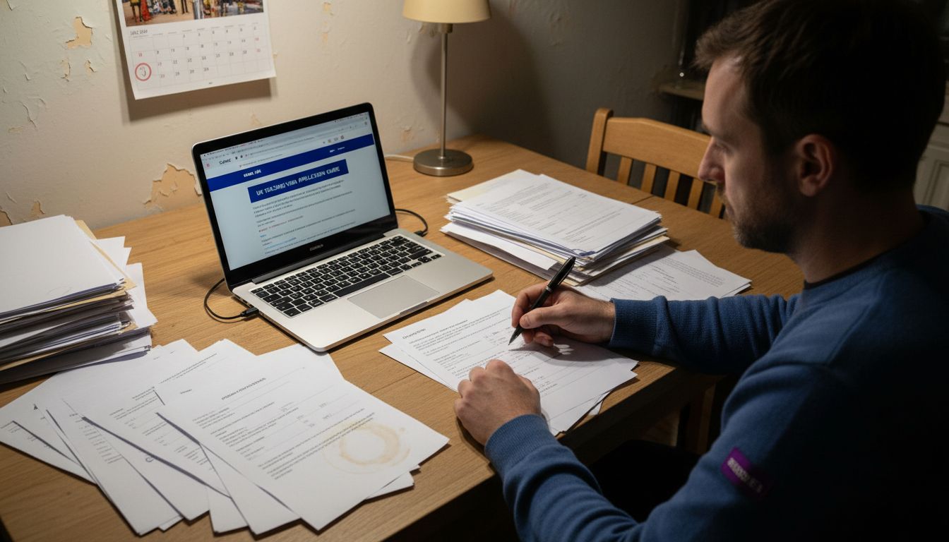 Teacher preparing visa documents at home table