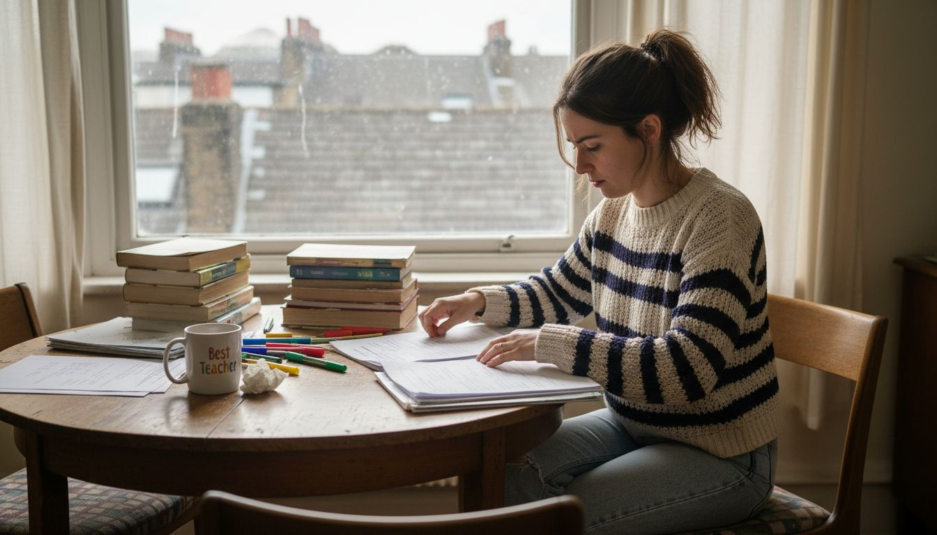 ESL teacher preparing classroom materials