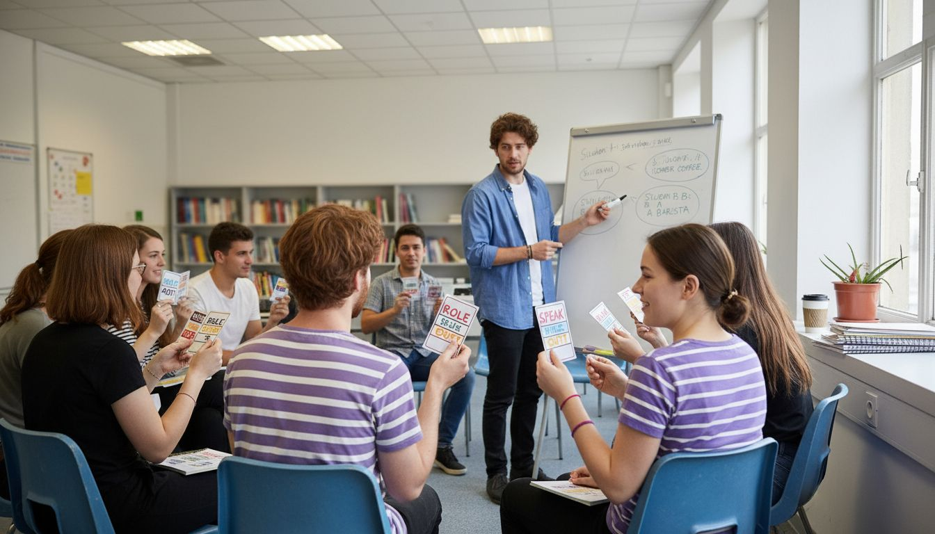 Trainee teachers practicing classroom activities
