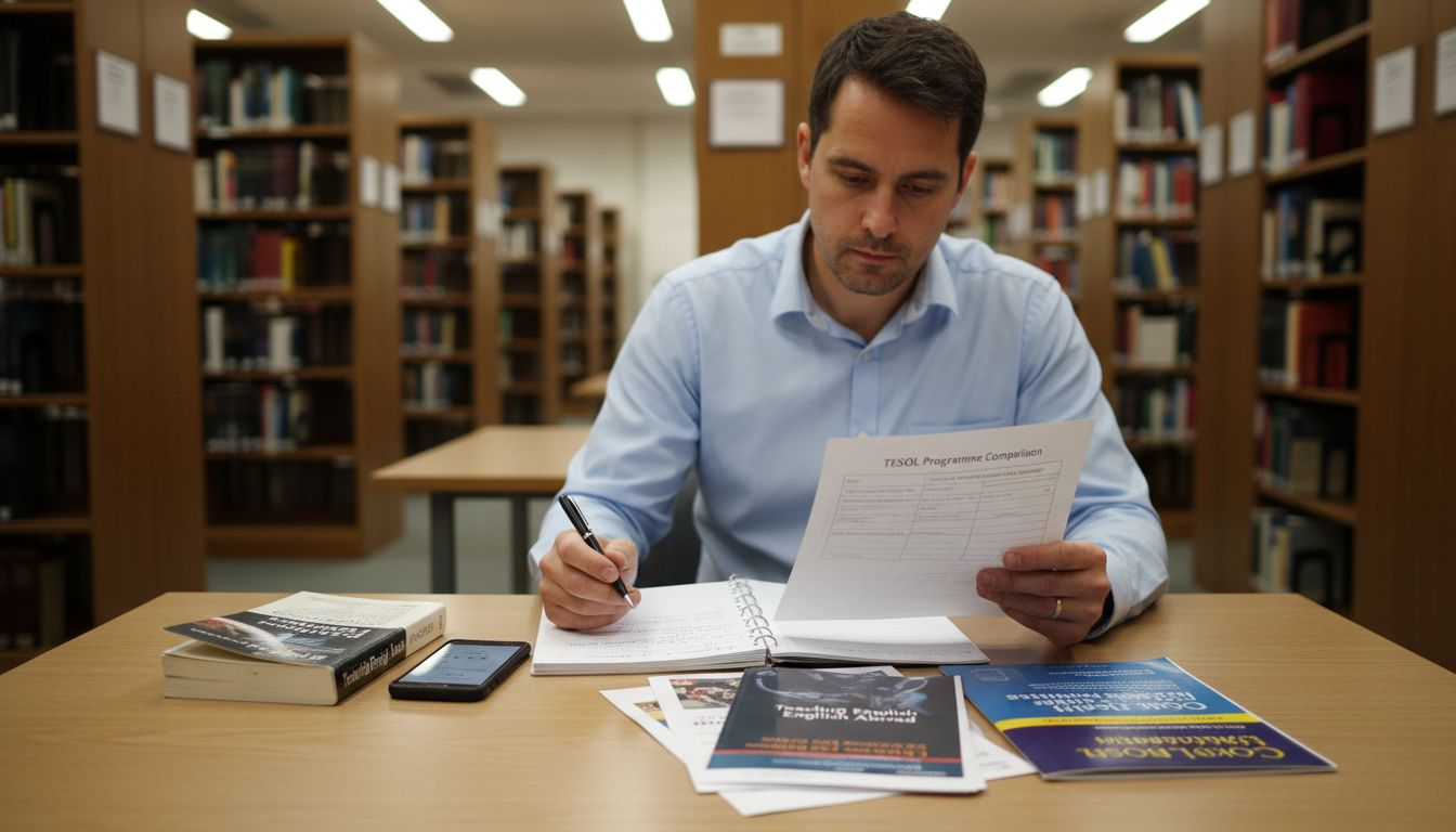 Man comparing TESOL program brochures in library