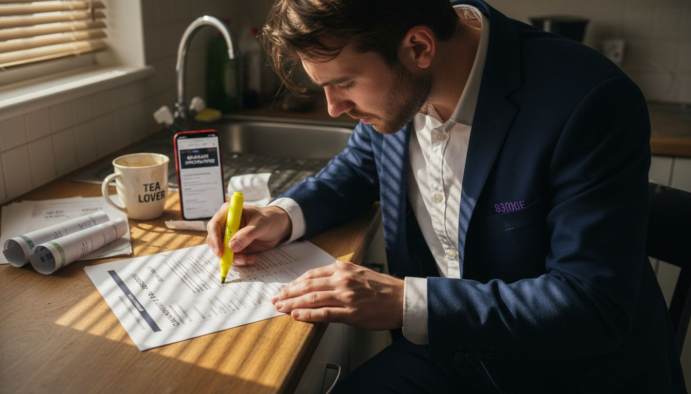 Graduate reviewing job qualifications at counter