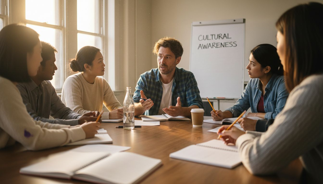 TEFL teacher guiding multicultural group discussion