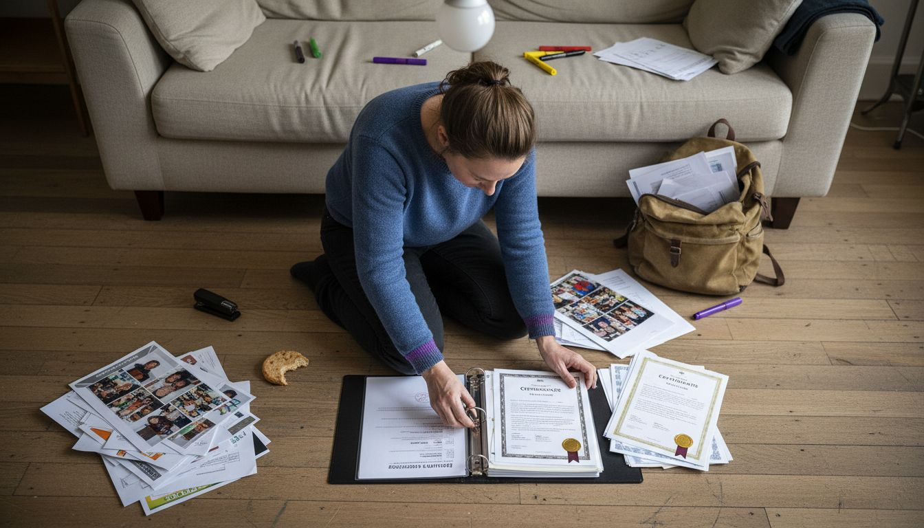 Teacher assembling portfolio on living room floor