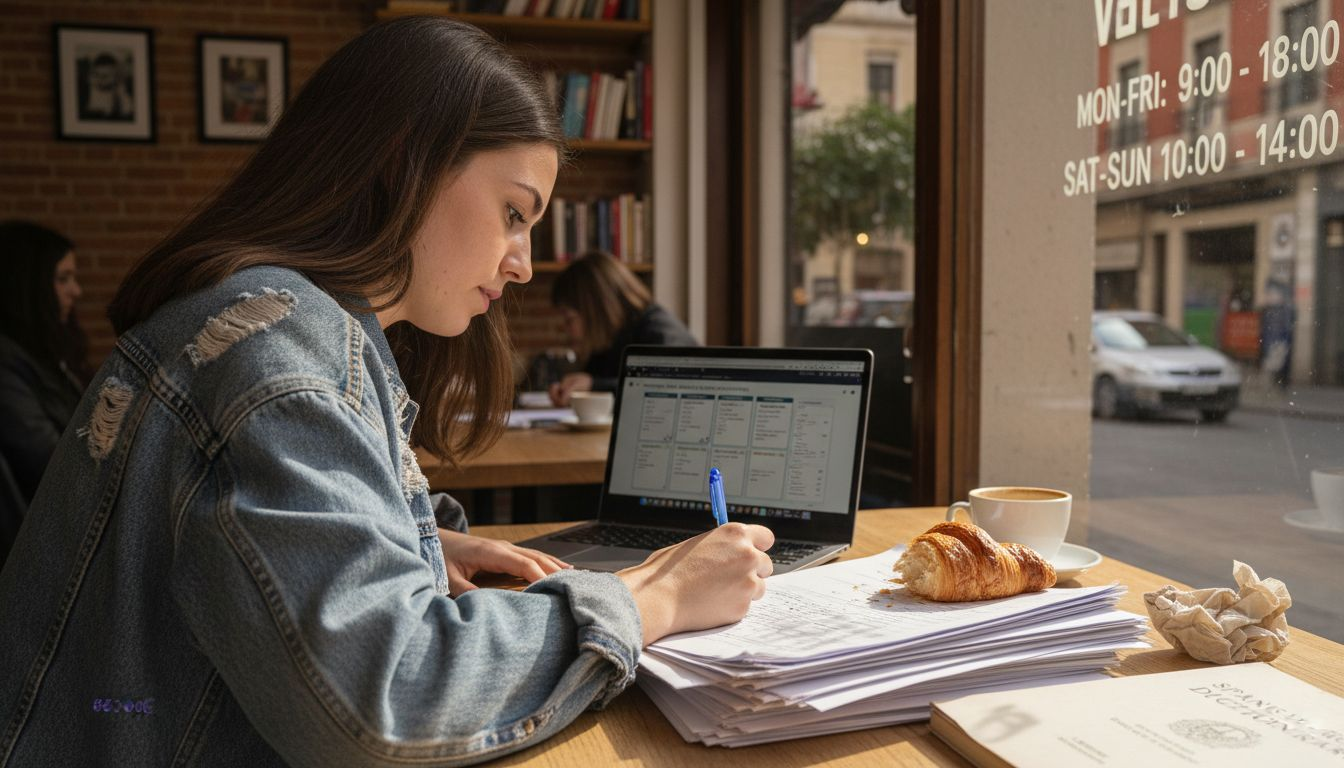 TEFL trainee prepares lesson plans at café