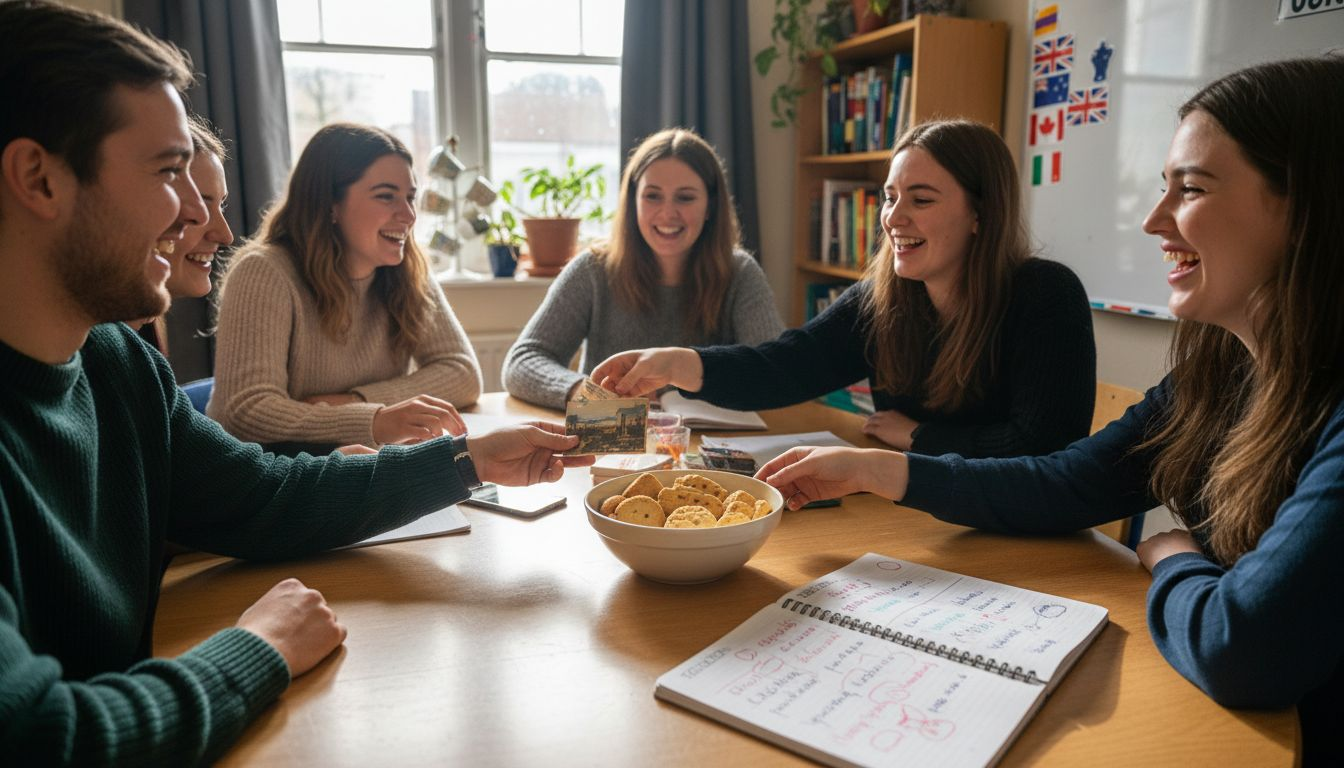 Students practice language in classroom with teacher