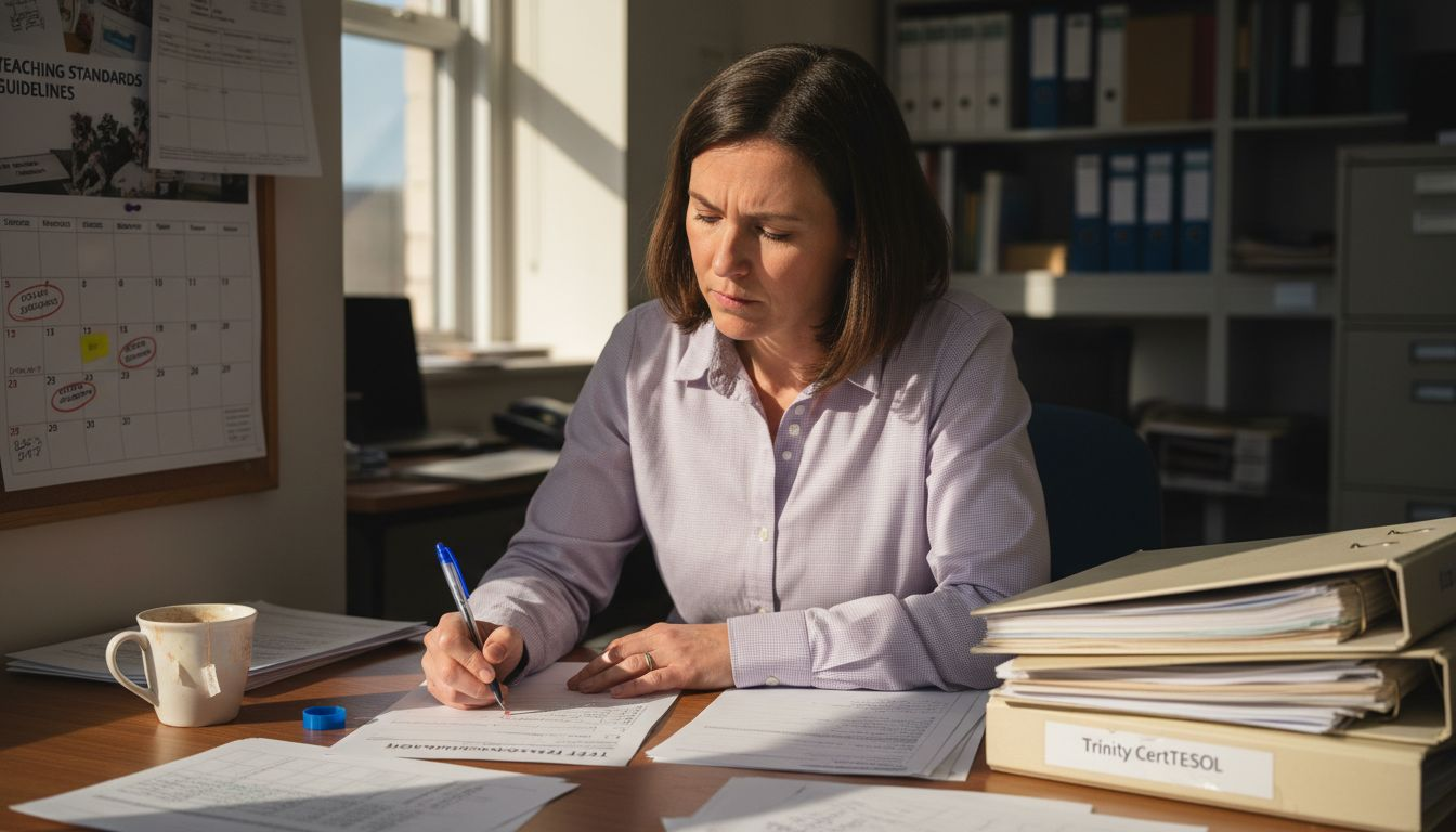 Staff reviewing TEFL accreditation documents