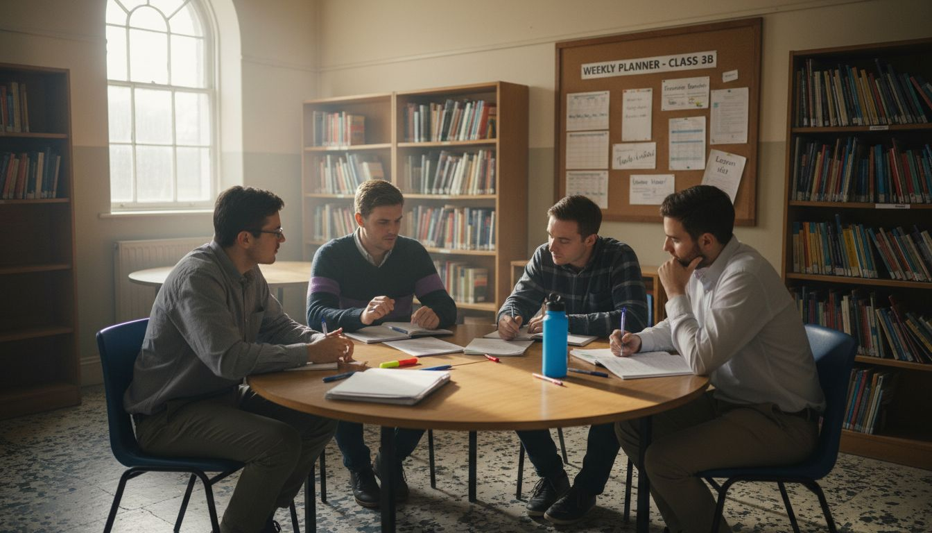 Trainees exchanging ideas in school library