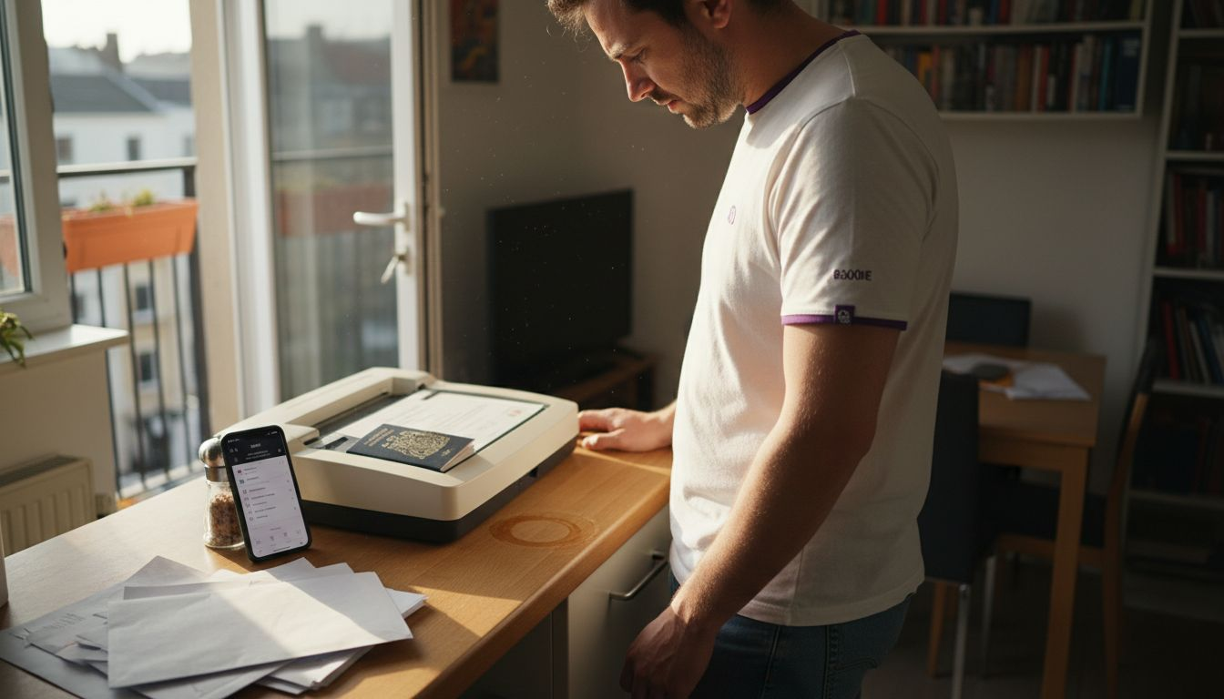 Man scanning TESOL application documents at home