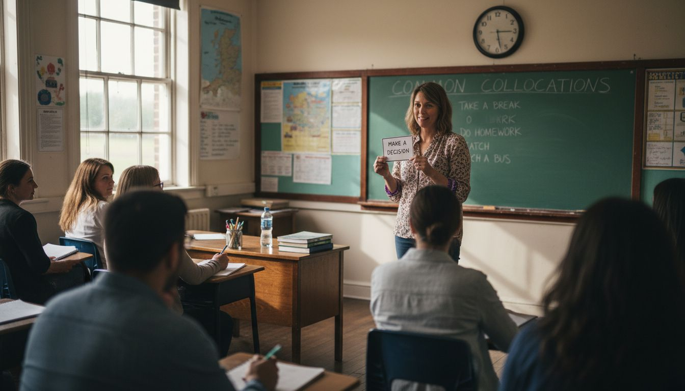 English teacher reading phrase flashcards to class