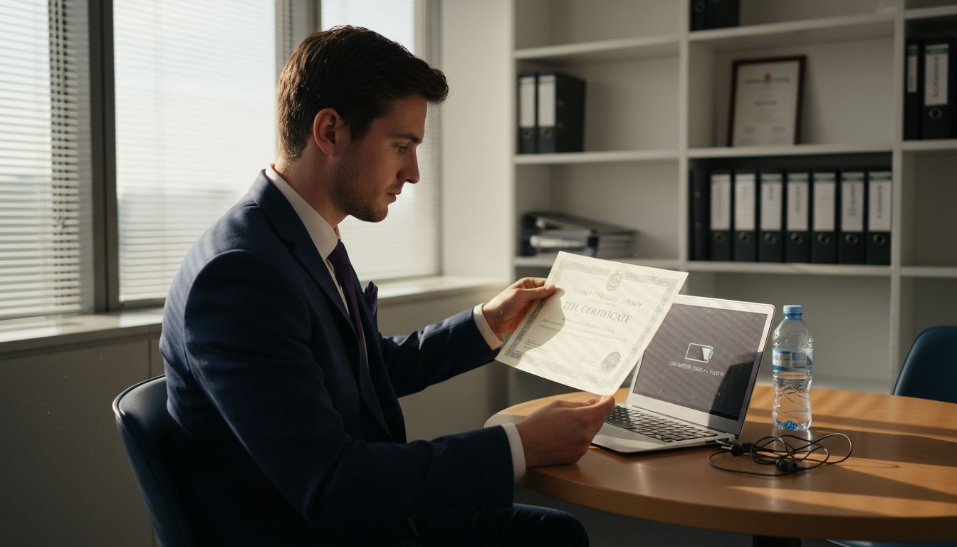 Educator reviews accreditation certificate in office