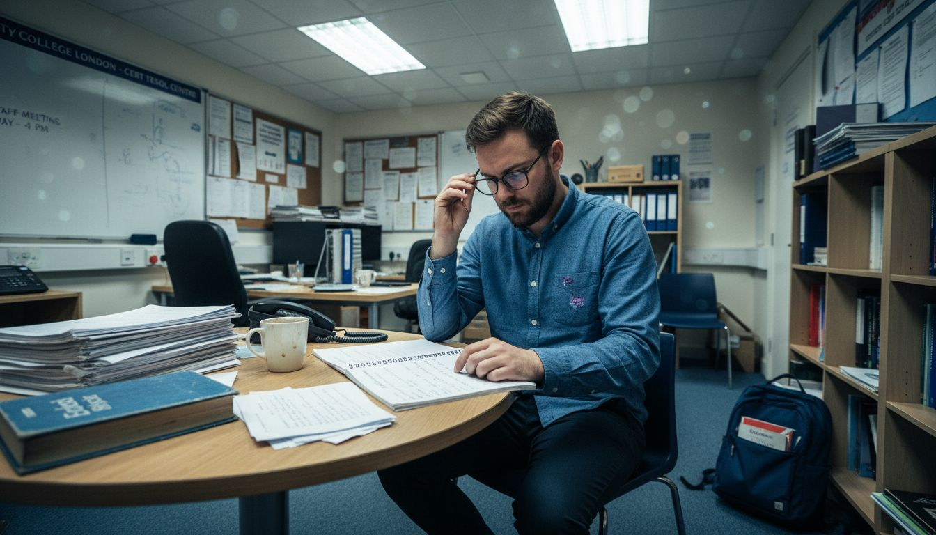 ESL trainee preparing lesson plans in staff room