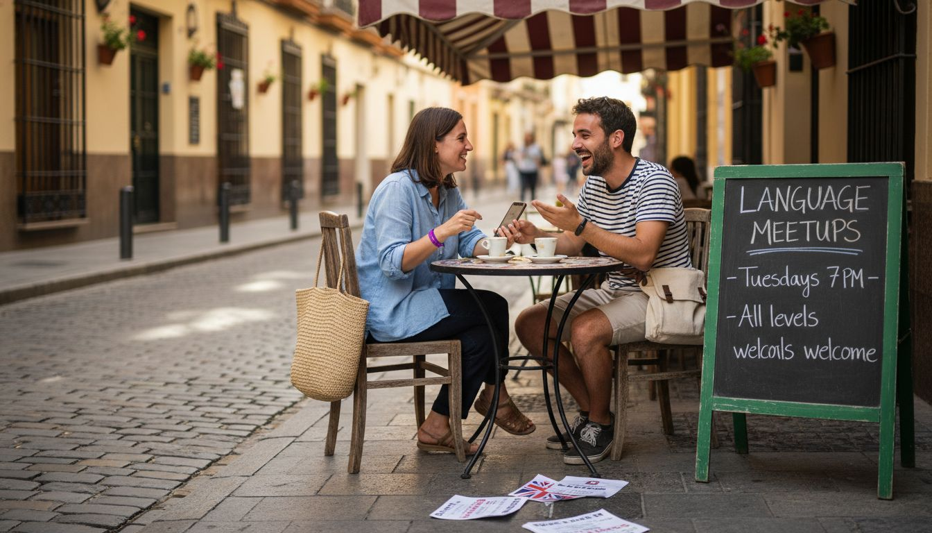TEFL teachers at sidewalk café Seville