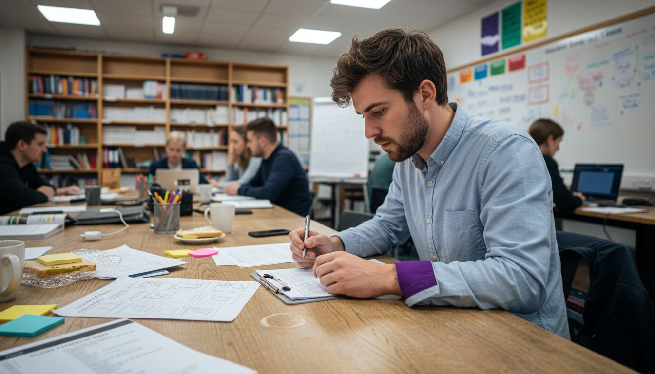 Teacher analyzing student profiles in staffroom