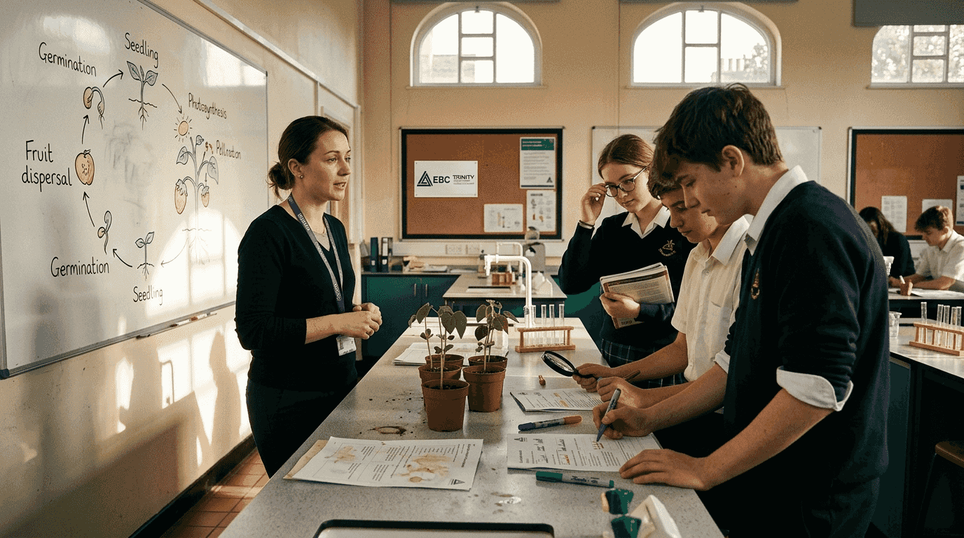 Teacher and students labeling plant life cycle diagram
