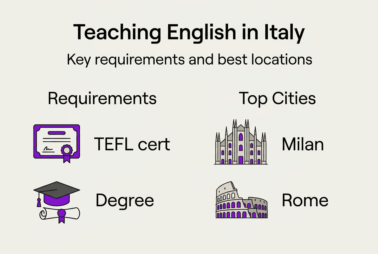 Infographic summarizing English teaching basics Italy