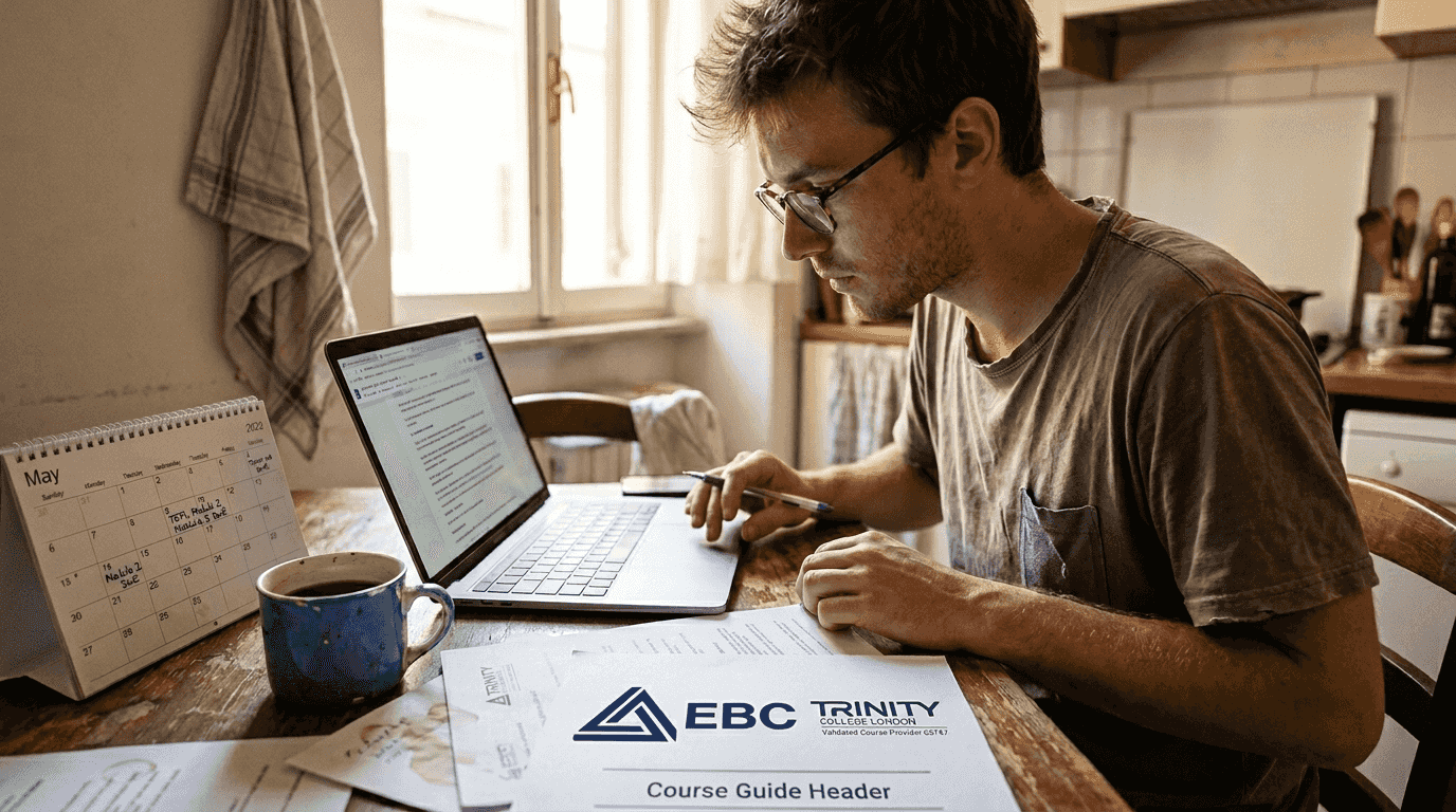 Student reviewing TEFL course at kitchen table